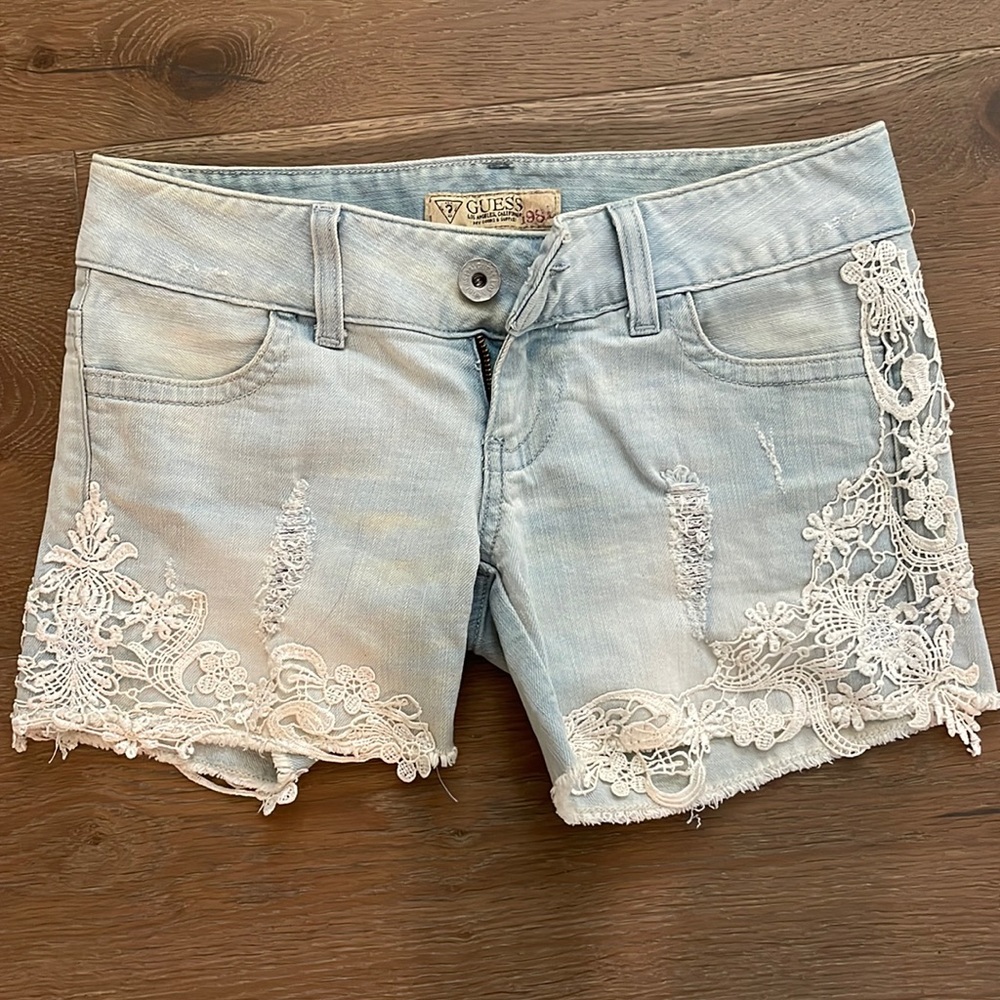 Vintage Guess denim shorts with lace appliqué